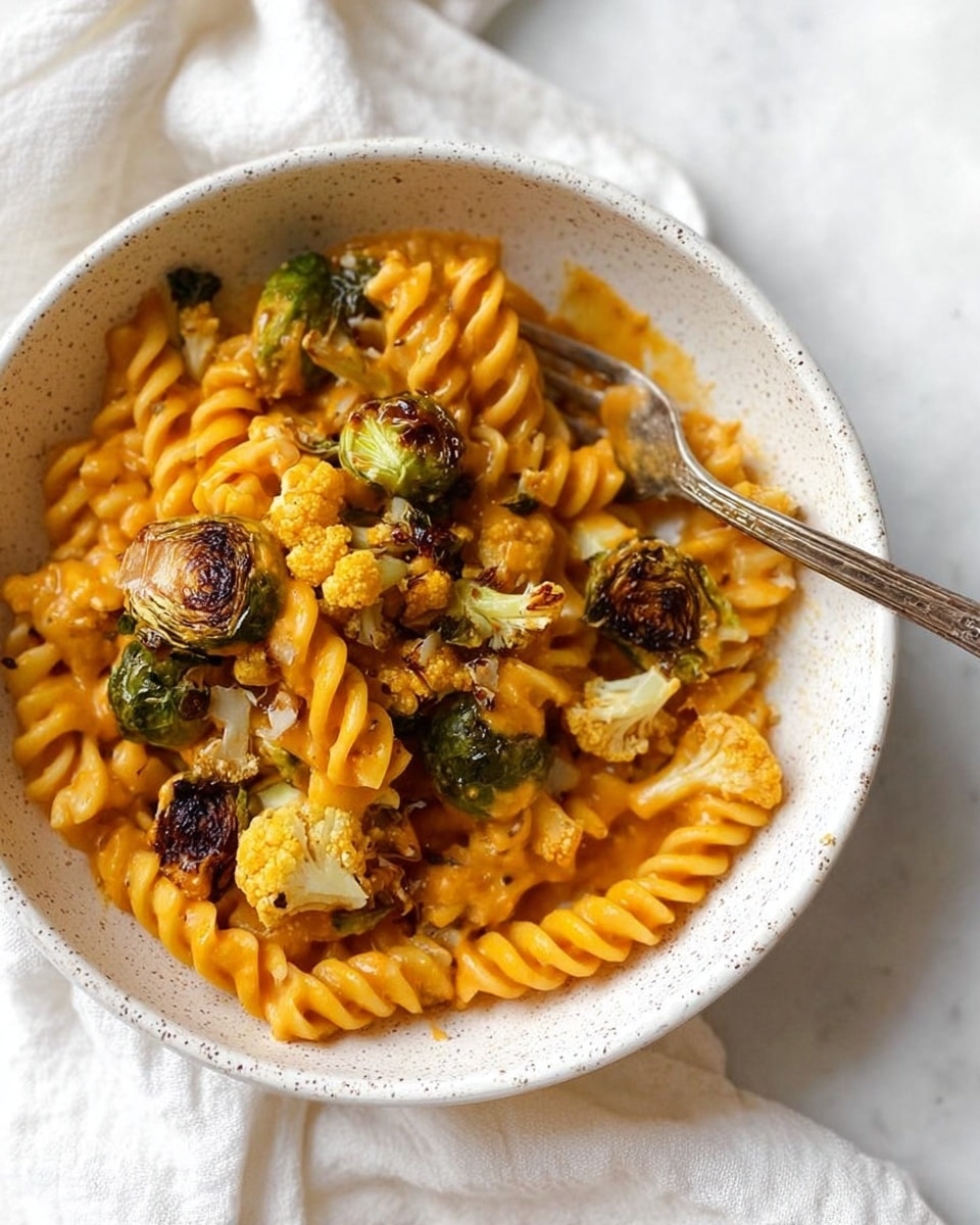 The image shows a white speckled bowl filled with rotini pasta covered in a thick orange sauce. Scattered on top are browned, crispy Brussels sprout halves and small pieces of roasted cauliflower. A silver fork rests inside the bowl, picking up some pasta and vegetables. The bowl is placed on a soft white cloth with a white marbled surface background. photo taken with an iphone --ar 4:5 --v 7