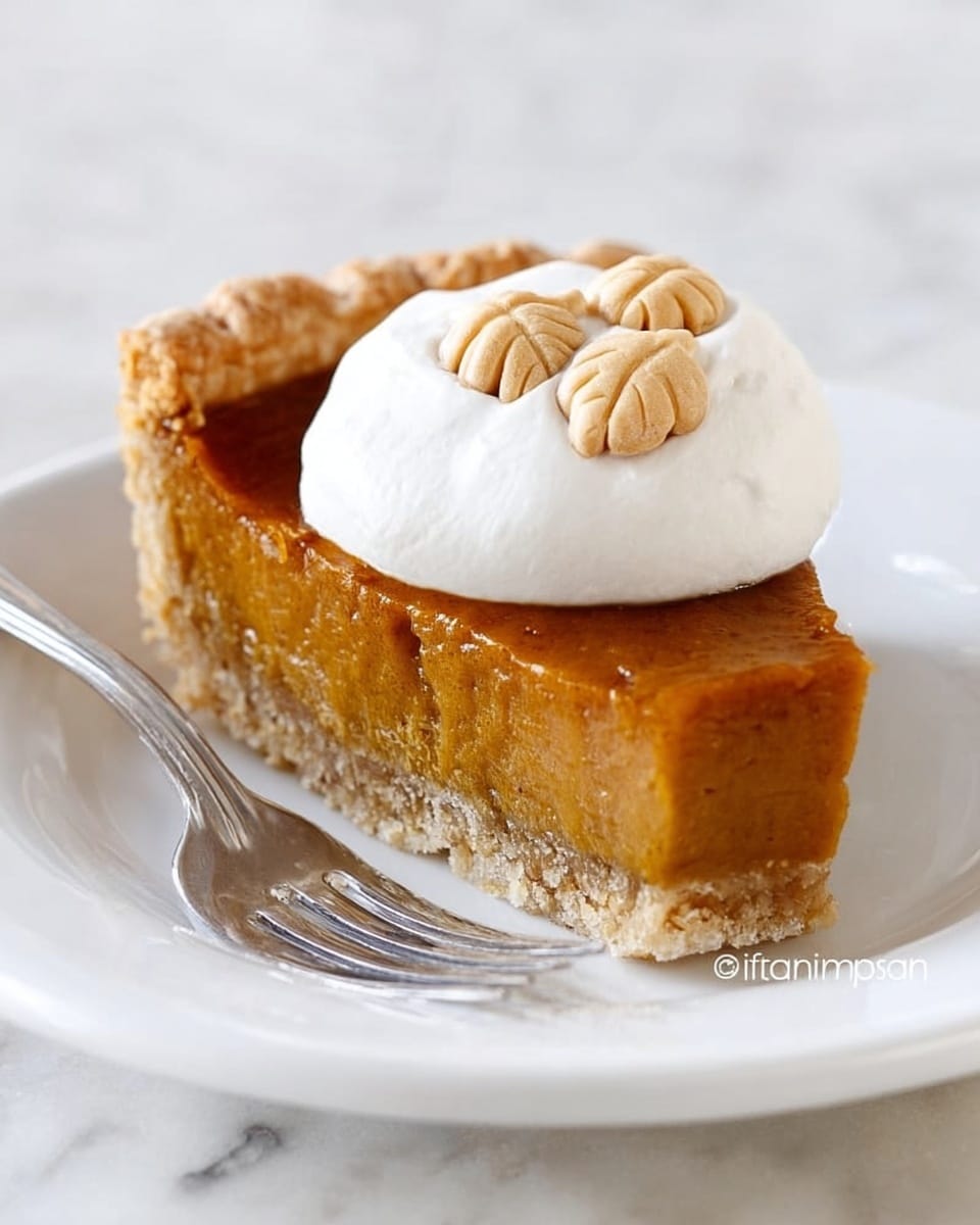 A slice of pumpkin pie sits on a white plate with a white marbled texture background. The pie has three clear layers: a light brown crumbly crust at the bottom, a thick smooth orange-brown pumpkin filling in the middle, and a dollop of fluffy white whipped cream on top center. Three small light brown pastry leaves decorate the top edge of the filling near the crust. A silver fork rests on the plate next to the pie slice. Photo taken with an iphone --ar 4:5 --v 7