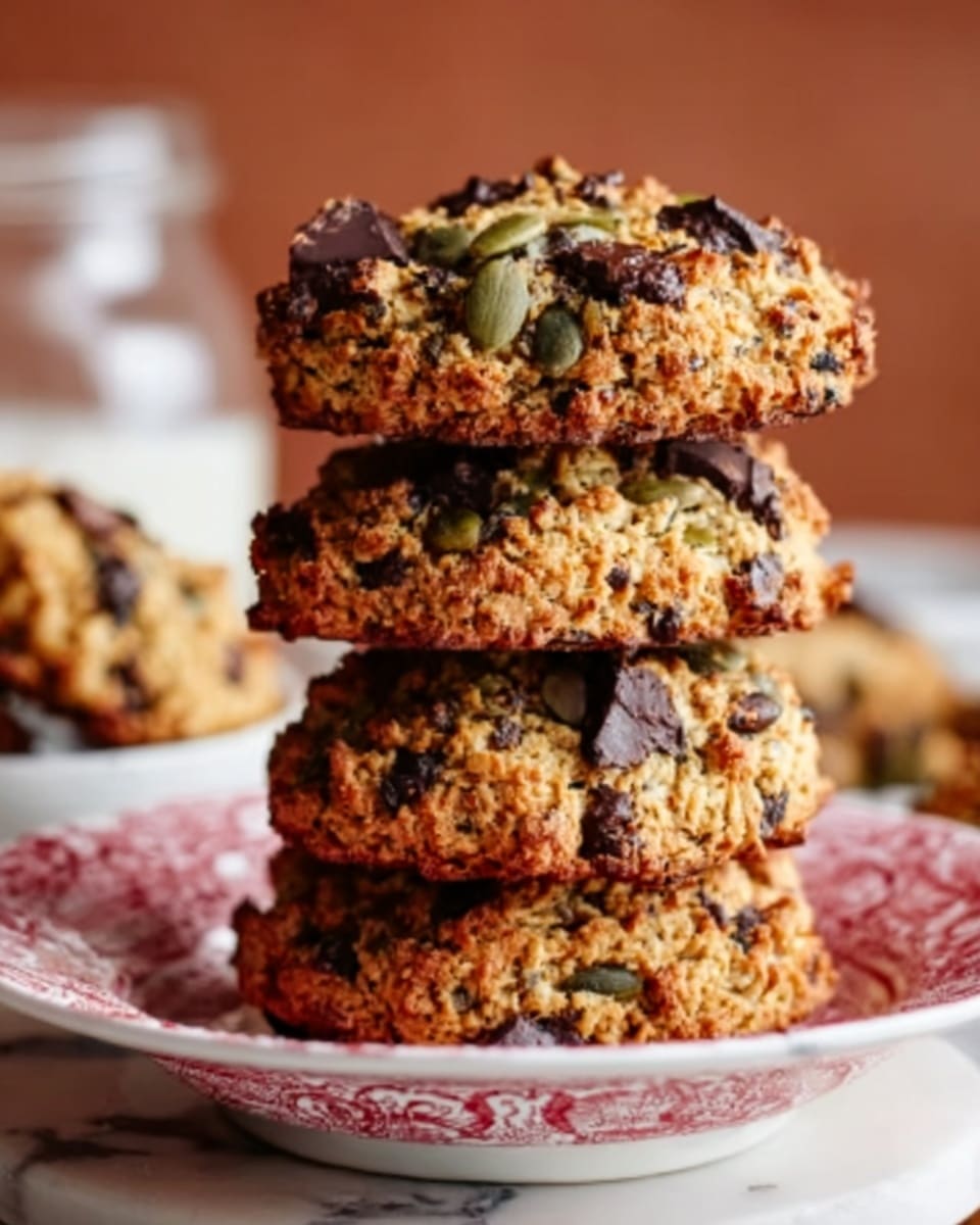 The image shows a stack of four thick oatmeal cookies with chocolate chunks on a piece of baking paper over a wooden board. The bottom three cookies are whole, with a golden brown rough surface and visible bits of oats and small chocolate pieces. The top cookie is broken in half and placed on the third cookie, showing its soft, crumbly inside with melted dark chocolate dripping slightly. There are a few scattered rolled oats and two cinnamon sticks next to the stack. In the background, there is a blurred green plant and a yellow object on a white marbled surface. photo taken with an iphone --ar 4:5 --v 7