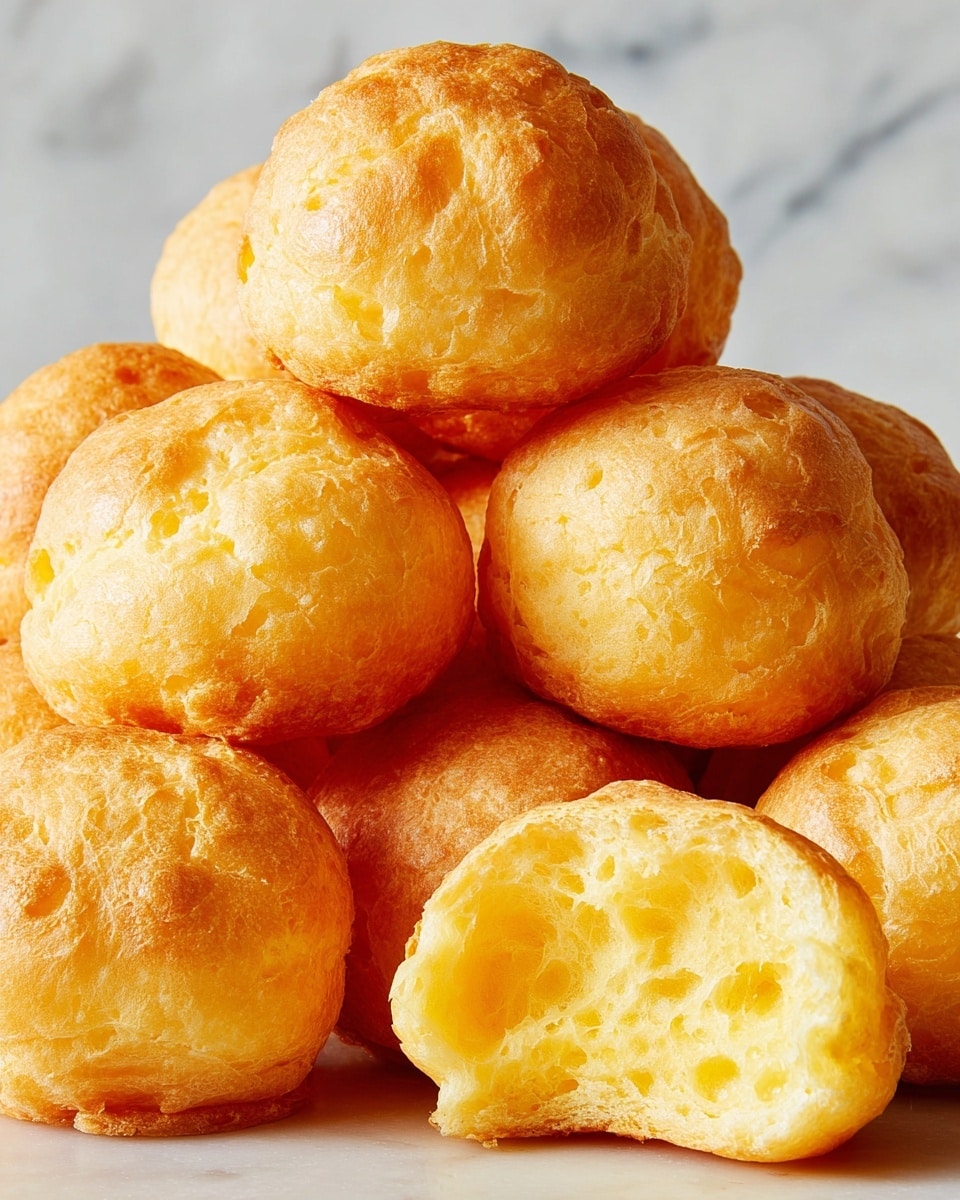 A close-up view of a stack of round golden puffs with a smooth, slightly shiny surface showing a light crust texture. There are about three layers of puffs arranged in a pyramid shape. One puff on the top layer is open, showing a hollow inside with a soft, airy, and light yellow texture that looks chewy and fluffy. The background has a white marbled texture. photo taken with an iphone --ar 4:5 --v 7