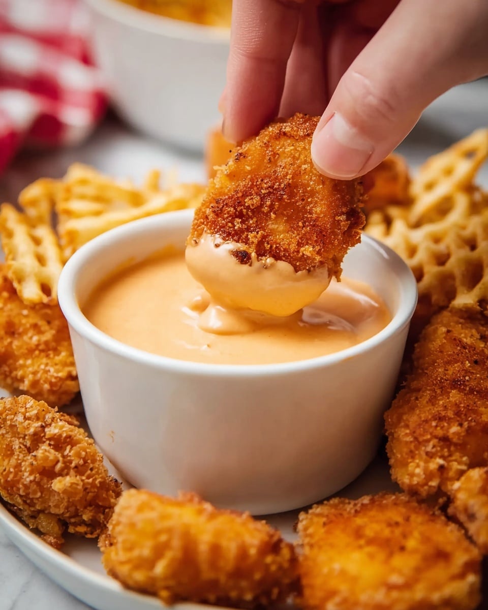 A close-up of a woman's hand holding a golden-brown crispy nugget being dipped into a creamy, light orange sauce in a small white bowl. Surrounding the bowl are more crispy nuggets and some golden waffle fries, all placed on a white marbled surface. The textures show the crunchiness of the nuggets and the smoothness of the sauce, with warm tones of orange and brown dominating the image. photo taken with an iphone --ar 4:5 --v 7