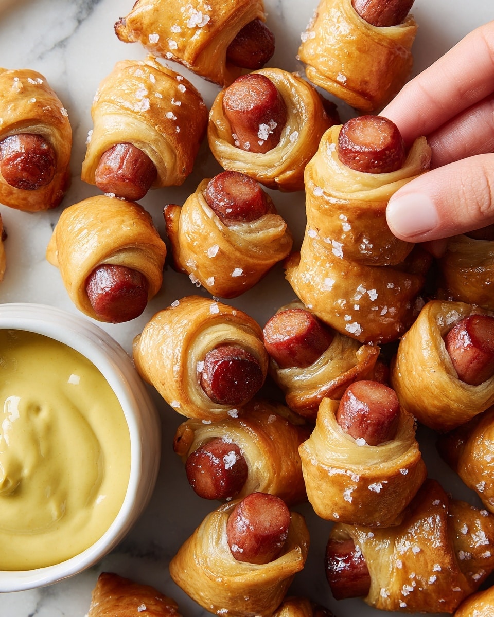 A white rectangular plate sits on a white marbled surface, holding nine small golden-brown wrapped mini sausages sprinkled with coarse salt. The sausages are wrapped in flaky dough, with the red ends of the sausages visible on each side. Three small white round bowls are placed on the plate, filled with different sauces: one creamy pale yellow, one bright red ketchup, and one smooth yellow mustard. The setup looks clean and inviting, showing contrast between the warm colors of the food and the bright white plate and background. Photo taken with an iphone --ar 4:5 --v 7