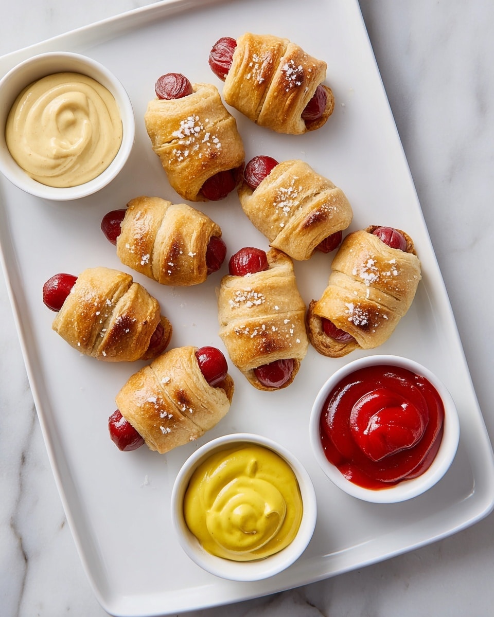 The image shows small sausage pieces wrapped in golden brown puff pastry arranged closely together on a white marbled surface. Each sausage is almost fully covered by the flaky pastry, which has visible layers and is topped with coarse sea salt flakes that add texture. The sausages have a shiny reddish-brown color with some slight charring. A white bowl filled with yellow mustard sauce sits among the sausages. A woman's hand is holding one of the pastry-wrapped sausages, dipping it into the mustard. The photo is clear and well-lit, highlighting the crispy texture of the pastry and the smooth sauce. photo taken with an iphone --ar 4:5 --v 7
