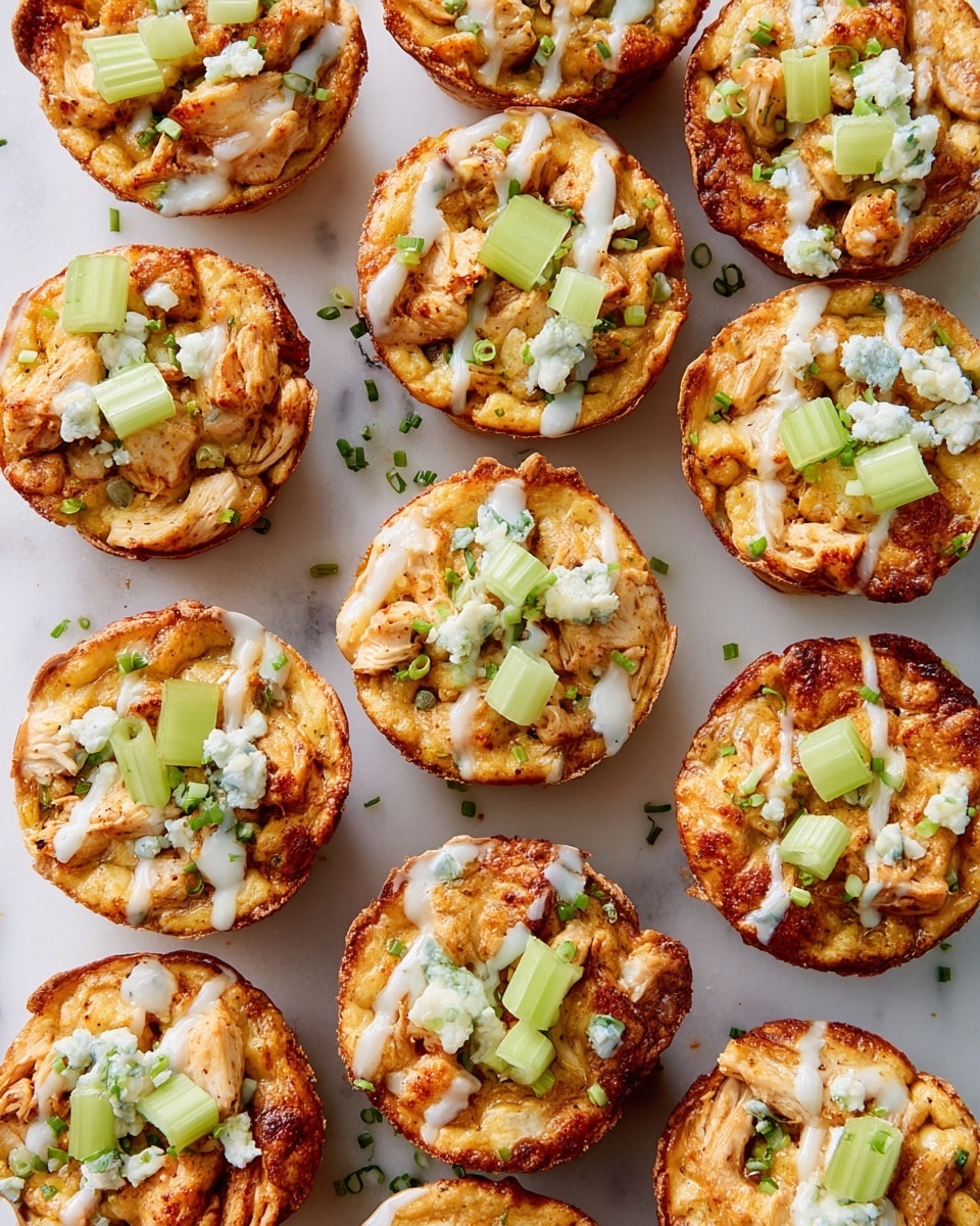The image shows twelve round savory muffins arranged on a white marbled surface in a grid pattern. Each muffin has a golden-brown crispy outer layer with visible pieces of cooked chicken inside. On top of each muffin, there are small light green slices of celery and small white crumbles of cheese. A white sauce is drizzled over the muffins in diagonal lines, and tiny green chive pieces are scattered both on the muffins and the surface around them. The muffins have a textured, slightly uneven crust, giving them a homemade look. Photo taken with an iphone --ar 4:5 --v 7