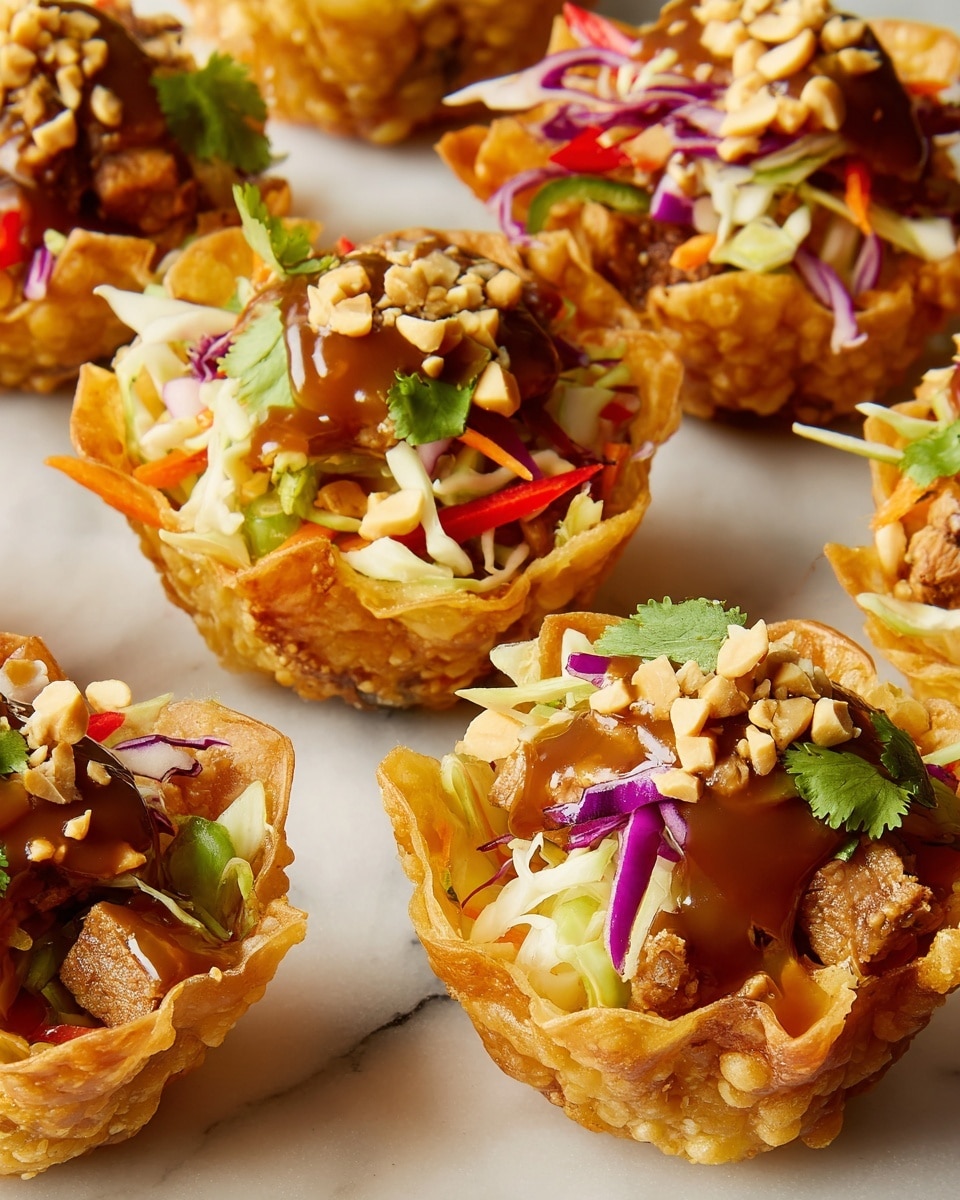 Several small crispy golden-brown cups filled with layered ingredients are placed on a white marbled surface. Each cup holds a base of crunchy shell, topped with shredded purple and green cabbage, thin orange carrot strips, and chopped red and green bell peppers. Pieces of cubed light brown cooked meat lie under the fresh vegetables. The filling is drizzled with a glossy, thick light brown sauce sprinkled with crushed peanuts and fresh green cilantro leaves, creating a mix of textures and bright colors in each cup. Photo taken with an iphone --ar 4:5 --v 7