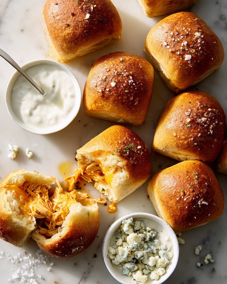 The image shows eight golden-brown, soft bread rolls with a shiny, slightly crispy skin, sprinkled with coarse salt and bits of herbs on top. One roll is broken open to reveal a warm, orange filling of shredded chicken and melted cheese inside. Two small white bowls of creamy white sauces are placed near the bread rolls, one sauce plain and smooth, and the other with crumbled blue cheese pieces mixed in. The food sits on a white marbled surface with a few scattered salt crystals around. The lighting highlights the warm colors and textures of the rolls and filling. photo taken with an iphone --ar 4:5 --v 7