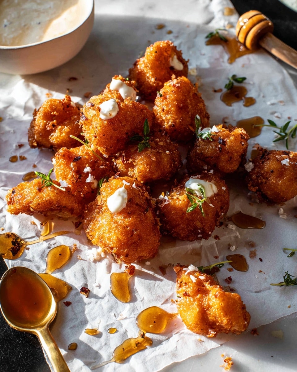 Golden brown fried florets are arranged in a loose cluster on white parchment paper. The florets have a crunchy, textured coating, with some showing small dollops of creamy white sauce on their sides. Tiny green herb sprigs are scattered across the florets and parchment. A golden spoon rests nearby, with thick brown honey-like syrup drizzled around it on a white marbled surface. In the background, a portion of a white bowl with creamy white sauce is partially visible. The lighting is bright and natural, highlighting the crispy texture and glossy sauce drips. Photo taken with an iphone --ar 4:5 --v 7