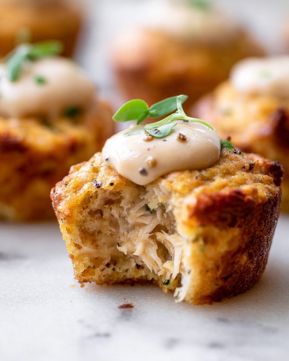 A close-up of a small, round baked muffin with a golden-brown crust showing a soft, light beige inside with shredded texture visible. The muffin is topped with a dollop of creamy, light beige sauce sprinkled with tiny darker specks and a small green herb leaf on top. Surrounding the main muffin, blurred similar muffins appear in the background on a white marbled surface. photo taken with an iphone --ar 4:5 --v 7