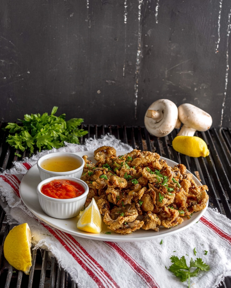 A white plate holds a large pile of crispy golden-brown fried mushrooms topped with small green parsley leaves. On the left side of the plate, there are two small white bowls, one filled with a bright red chunky sauce and the other with a light yellow smooth sauce. Two lemon wedges with bright yellow skin and juicy pale flesh sit in front of the bowls. The plate rests on a white cloth with a red stripe pattern, placed on a black slatted surface. In the background, two whole large white mushrooms lean against a dark scratched wall. A few fresh parsley sprigs lie around the plate on the white marbled surface. photo taken with an iphone --ar 4:5 --v 7