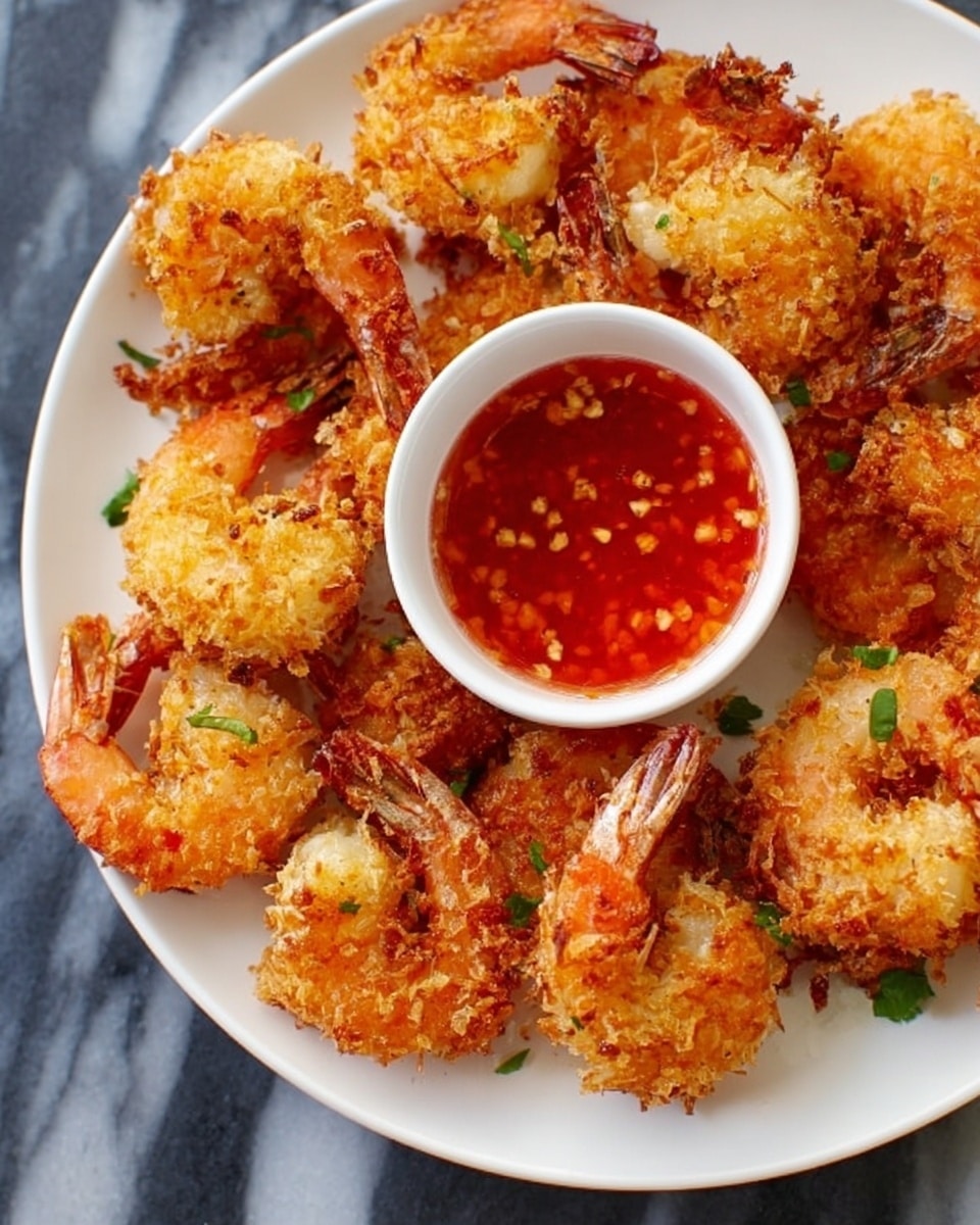 The image shows a white plate filled with golden brown fried shrimp that have a crispy texture from a crumb coating. The shrimp are arranged around a small white bowl of bright red dipping sauce with some visible chili flakes. Small green herbs are sprinkled lightly over the shrimp and the plate. The plate is placed on a surface with a white marbled texture. photo taken with an iphone --ar 4:5 --v 7