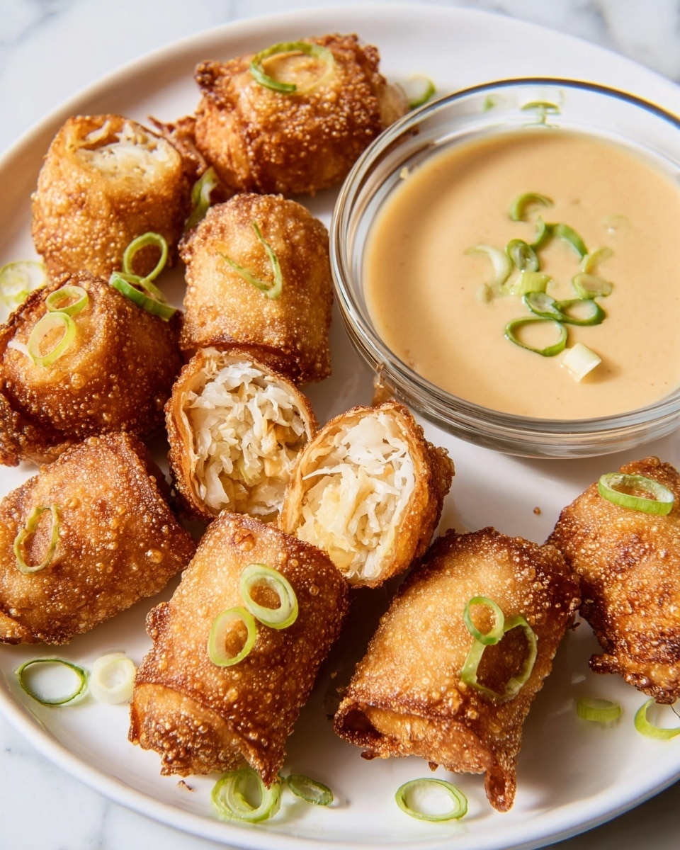 The image shows seven golden brown fried spring rolls arranged on a white rectangular plate with a white marbled surface underneath. Each spring roll is cylindrical with a crispy, bubbly texture on the outside, showing a crunchy golden crust. The rolls are stacked and overlapping slightly, with the ends open to reveal a white filling that looks like rice mixed with small pieces of red and green vegetables. Some chopped green onions are sprinkled on top and around the spring rolls for color contrast. The lighting highlights the crispy and textured surface of the rolls, making them look hot and fresh. Photo taken with an iphone --ar 4:5 --v 7