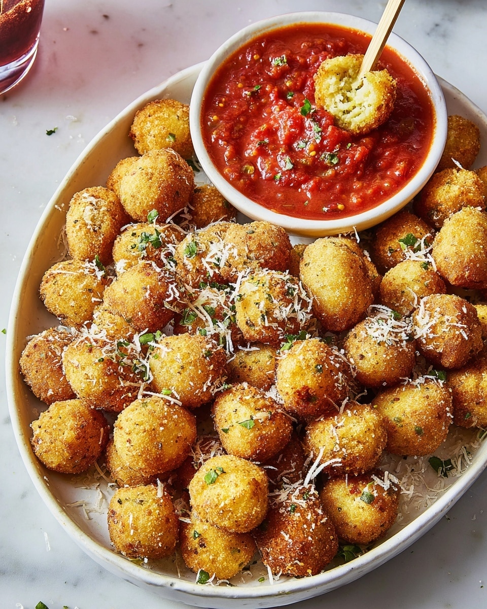 A large white round plate filled with many small, round, golden-brown fried balls with a crunchy texture, sprinkled with grated cheese and small green herb pieces. In the center of the plate, there is a white round bowl filled with thick, chunky red marinara sauce with visible herbs. One of the fried balls is being dipped into the sauce using a wooden skewer held by a woman's hand, showing the rough outside and the soft, light green inside of a broken ball near the bowl. The plate sits on a white marbled surface. photo taken with an iphone --ar 4:5 --v 7