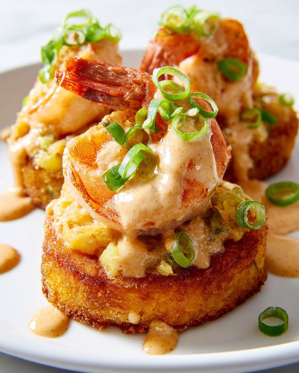 The image shows a white triangular plate filled with eight round yellow polenta cakes, each topped with two grilled shrimp that have a light brown char. The polenta cakes have a firm texture with visible small holes, and the shrimp look juicy with a slight orange color and dark grill marks. Small sliced green onions are sprinkled over the shrimp and cakes. The plate is placed on a beige textured cloth over a white marbled surface. In the background, there is a smaller white octagonal plate with two similar shrimp and polenta stacks, a wooden bowl of cornmeal, some whole green onions, and a small white bowl with reddish seasoning. Photo taken with an iphone --ar 4:5 --v 7