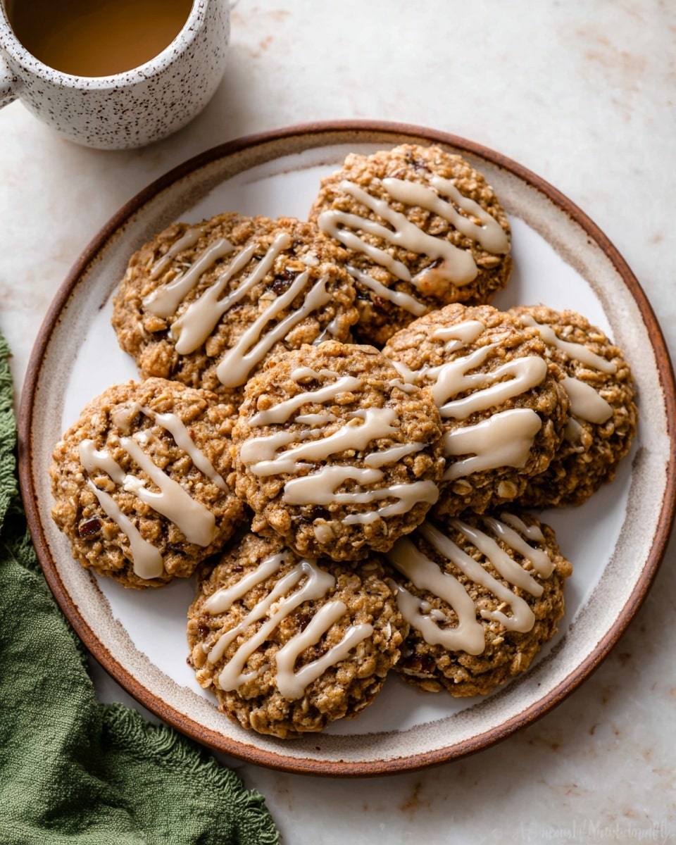 The image shows several round oatmeal cookies with a rough, crumbly texture and visible small pieces of apple inside. Each cookie is topped with a light beige glaze drizzled unevenly on the surface. One cookie in the center is broken in half and stacked, showing a soft and moist inside with pieces of apple and oats. The cookies are placed on crumpled white parchment paper, with a small green apple slice on the left side, all set against a white marbled surface. photo taken with an iphone --ar 4:5 --v 7