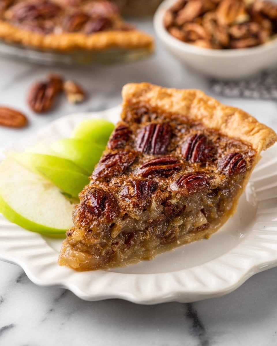 A pecan pie in a clear glass pie dish with a golden flaky crust edge, filled with a sticky light brown layer topped thickly and evenly with whole toasted pecans that have a rich brown color and slightly shiny texture. A slice is missing, showing the gooey interior beneath the nuts. In the background on a white marbled surface, there is a small copper cup with more pecans and a few slices of green apple resting nearby. Photo taken with an iphone --ar 4:5 --v 7