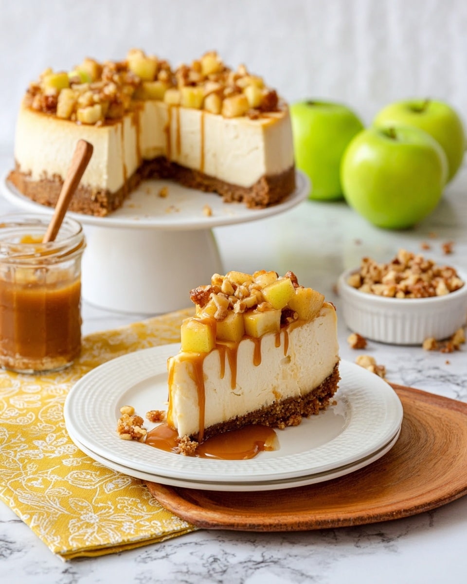 A slice of cheesecake on a white plate with a crumbly brown crust at the bottom, a thick creamy off-white cream cheese layer in the middle, and a topping of small yellow apple pieces mixed with bits of nuts, drizzled with caramel sauce. The plate sits on a wooden board with a yellow patterned cloth underneath. In the background, the rest of the cheesecake is on a white cake stand showing the same layers and texture. Nearby are two green apples, a small white bowl of nuts, and a jar of caramel with a wooden spoon inside, all placed on a white marbled surface. Photo taken with an iphone --ar 4:5 --v 7