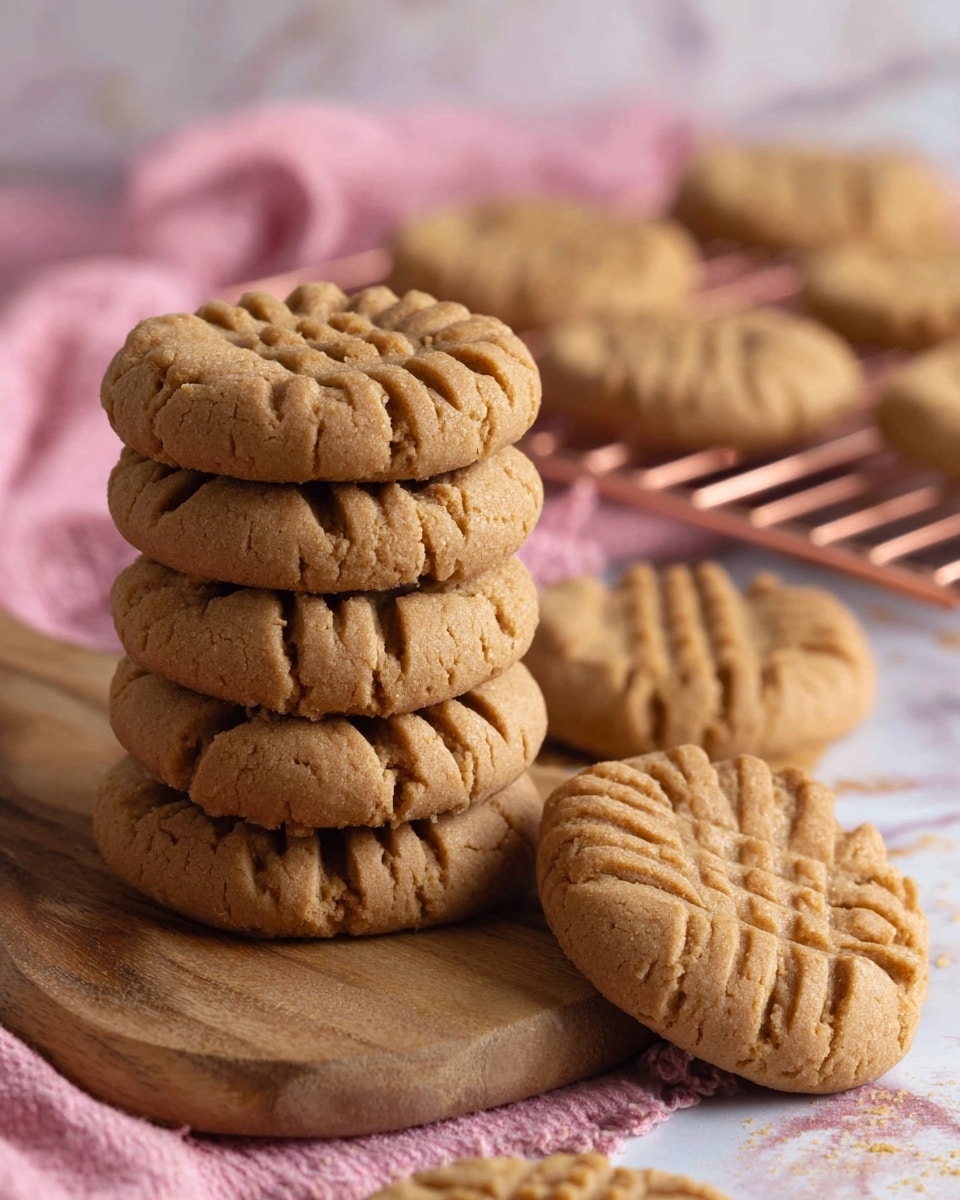 Three light brown peanut butter cookies are stacked on a white marbled surface, each cookie showing a crisscross fork pattern pressed into the top. The top cookie has a small bite taken from the edge, revealing a crumbly texture. To the right, there is a clear glass of milk, partly in view. In the background, there is a soft, beige and white cloth, slightly out of focus. The photo taken with an iphone --ar 4:5 --v 7