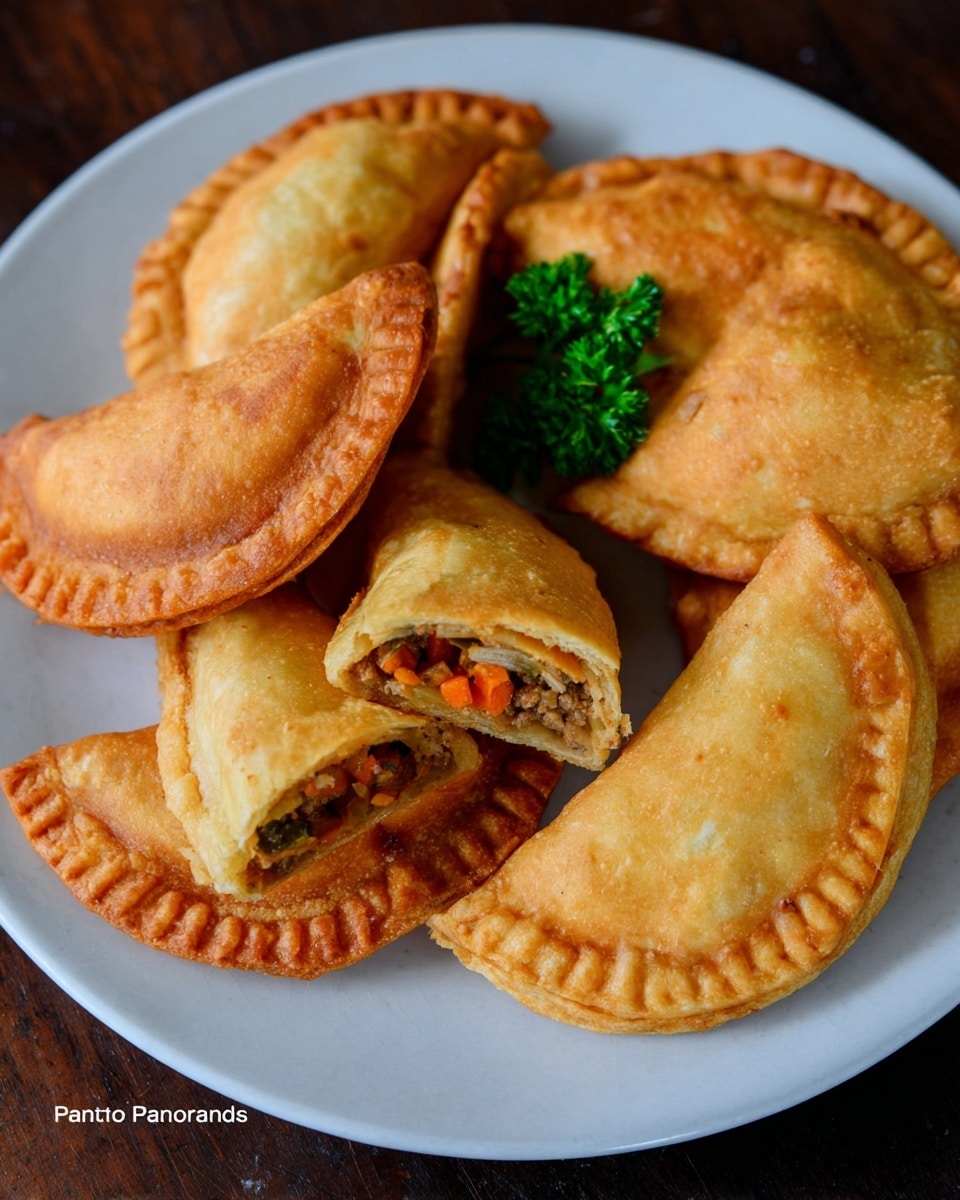 A white plate holds six empanadas with a golden brown crust and crimped edges, arranged closely together. One empanada is cut open, showing three layers inside: an outer golden crust, a middle layer of diced orange carrots and light brown meat filling, and small bits of green vegetables. A small sprig of green garnish is placed near the cut empanada. The plate is on a dark wood surface, which should be imagined as white marbled texture. photo taken with an iphone --ar 4:5 --v 7