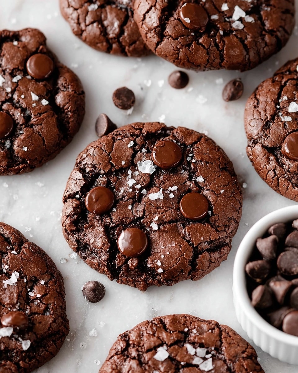 The image shows several dark brown chocolate cookies with a cracked, rough texture, each dotted with round, shiny chocolate chips on top. The cookies are sprinkled with large flakes of white sea salt, adding a contrast to the rich chocolate color. The cookies are placed on a white marbled surface, with a white bowl full of extra chocolate chips visible on the right side. The chocolate chips appear smooth and glossy, and some chips are scattered loosely around the cookies. The overall look is fresh and inviting, highlighting the cookies' chewy and slightly crisp texture. Photo taken with an iphone --ar 4:5 --v 7