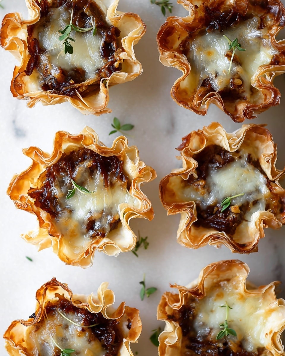 The image shows seven small tartlets arranged on a white marbled surface, each with a thin, crispy golden-brown phyllo dough shell having ruffled edges. The tartlets are filled with a dark, glossy mixture, likely caramelized onions or a similar filling, topped with melted white cheese that has browned slightly around the edges. Small green herb leaves, possibly thyme, are scattered on top of each tartlet, adding a fresh touch. The overall look is rustic and appetizing, with a nice contrast between the rich dark filling, creamy cheese, and the light, flaky crust photo taken with an iphone --ar 4:5 --v 7