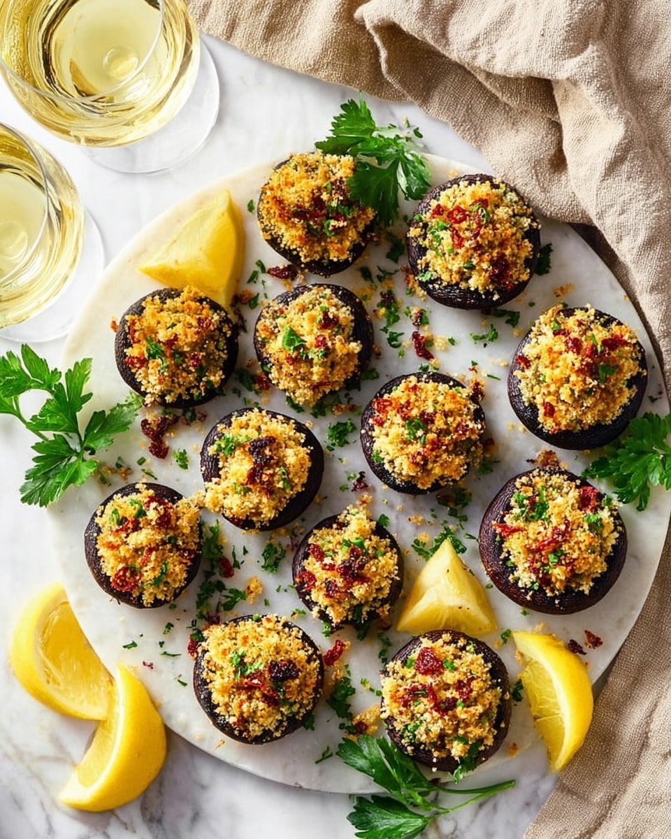 The image shows several dark brown mushroom caps arranged closely on a white marbled surface, each topped with a colorful stuffing layer. The stuffing is a mix of yellowish breadcrumbs, small green herb pieces, light golden pine nuts, and bits of reddish sun-dried tomatoes, creating a textured and slightly crumbly look. Some fresh green parsley leaves are scattered on top of the mushrooms and around them on the surface. There are also bright yellow lemon wedges placed near the mushrooms, adding pops of color. The overall feel is fresh, vibrant, and appetizing with a balanced mix of earthy and bright tones. photo taken with an iphone --ar 4:5 --v 7