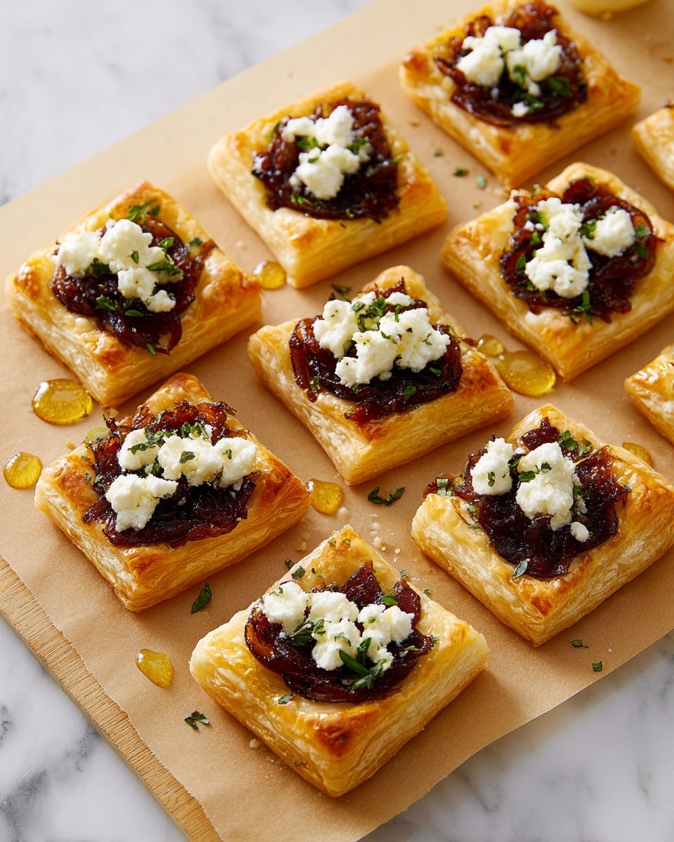 The image shows a group of nine square puff pastries arranged on a light beige baking paper, placed on a white marbled surface. Each pastry has a golden, flaky crust with a shiny texture. Inside each square is a layer of dark brown caramelized onions with a soft, rich texture. On top of the onions are dollops of white, crumbly cheese scattered in small pieces on each pastry. Tiny green herb leaves are sprinkled lightly over both the cheese and onions, adding a fresh touch. Drops of golden honey or syrup are dotted around the pastries, shining under the light, which enhances the warm colors. Photo taken with an iphone --ar 4:5 --v 7