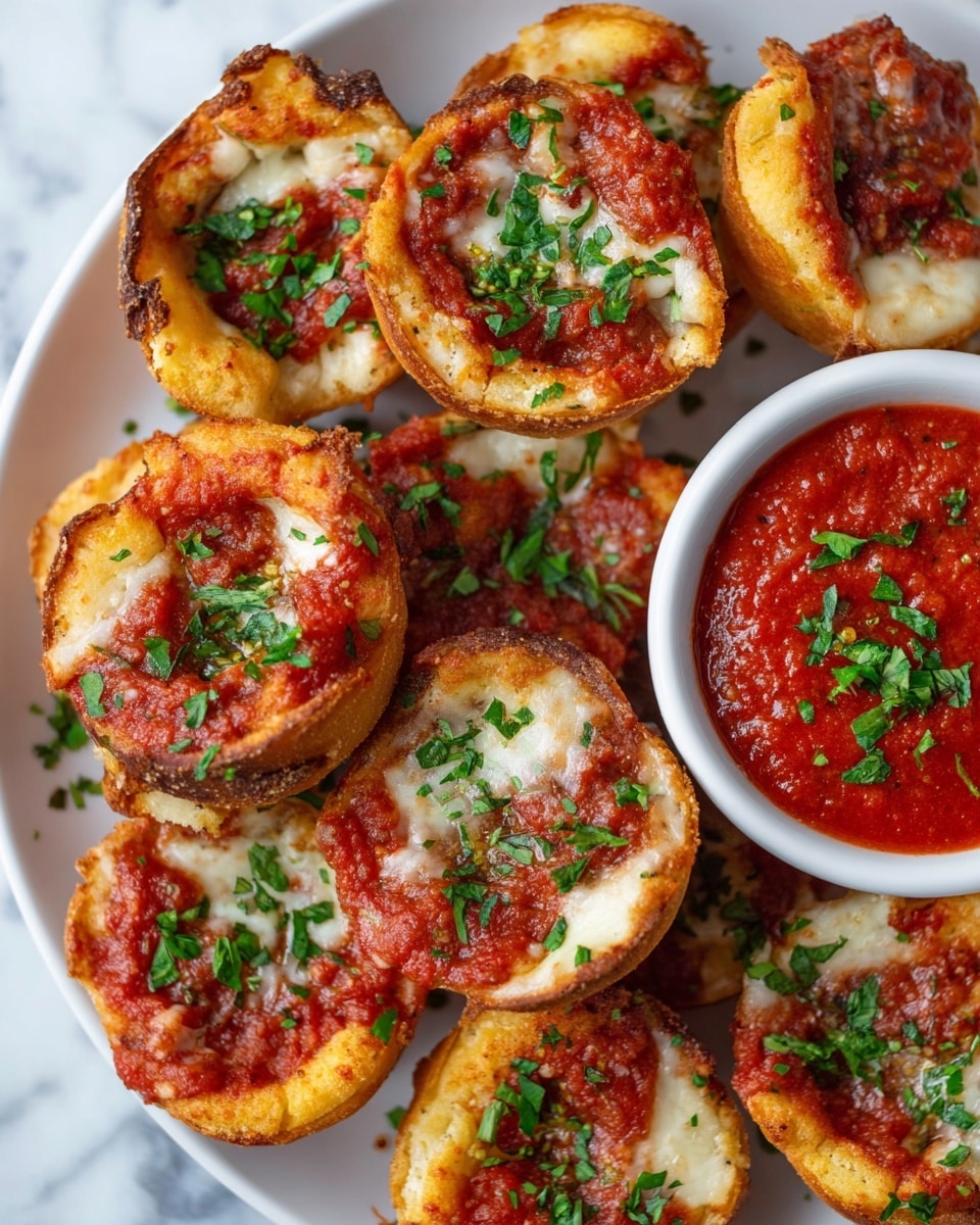 The dish shows small, round mini pizzas arranged closely together on a white plate sitting on a white marbled surface. Each mini pizza has a thick, golden brown crust that curls up at the edges, with a visible layer of melted cheese underneath a topping of chunky, bright red tomato sauce. Fresh green chopped herbs are sprinkled generously on top of each mini pizza, adding a pop of color. A small white bowl filled with the same chunky tomato sauce, also topped with some herbs, is placed on the plate's right side. The photo captures the food vividly, showing the textures of the crispy crust, smooth melted cheese, and fresh herbs. Photo taken with an iphone --ar 4:5 --v 7