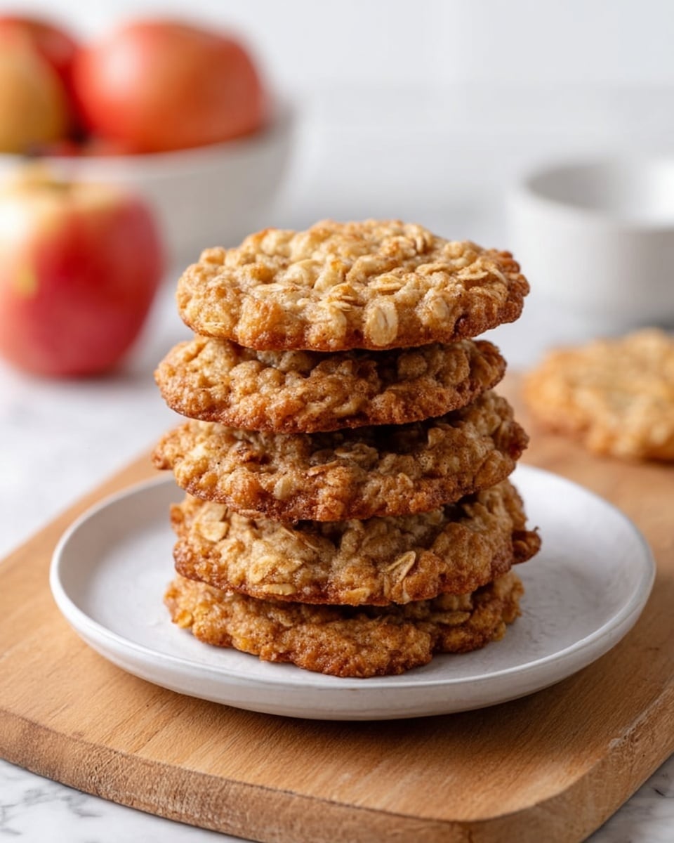 A stack of five round oatmeal cookies with a light golden-brown color and a rough, textured surface sits in the center of a white plate. Each cookie layer shows small bits of oats and a slightly crisp edge, all stacked evenly on top of each other. The plate rests on a wooden chopping board against a white marbled surface with blurred apples and two small white bowls faintly visible in the background. Photo taken with an iphone --ar 4:5 --v 7
