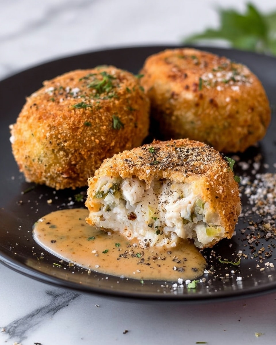 The image shows three breaded croquettes on a black plate placed on a white marbled surface. The croquettes have a round, oval shape with a golden-brown and crispy outer layer covered in visible bread crumbs and herbs. The front croquette is cut in half, revealing its inside, which consists of a soft, white filling mixed with small green herbs and tiny chunks, giving it a textured look. A light brown sauce with black pepper is poured over the cut croquette, and some crushed pepper is scattered on the plate around them. In the background, there is blurry green garnish adding contrast to the warm croquettes. Photo taken with an iphone --ar 4:5 --v 7