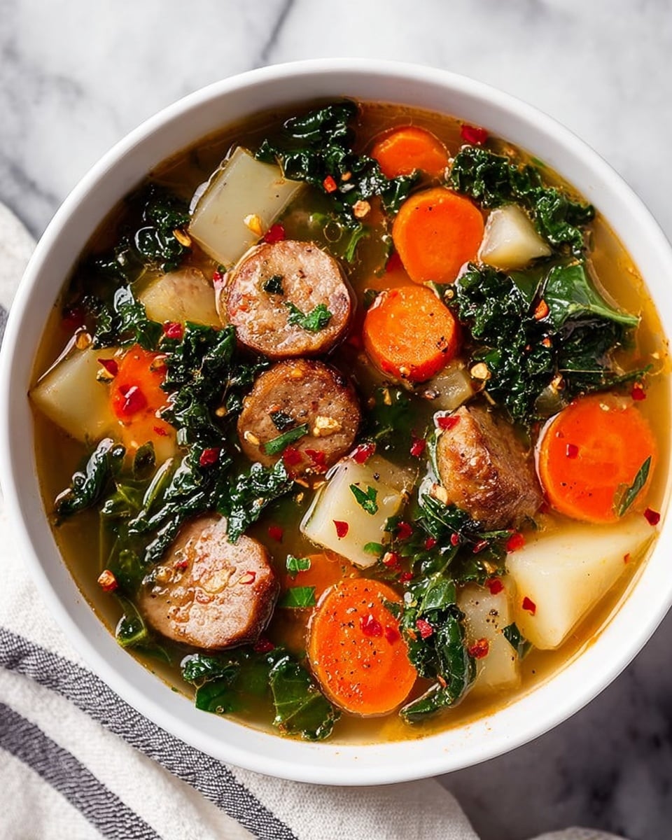 A close-up shot of a white pot filled with clear broth soup containing small chunks of green leafy kale, diced orange carrots, white potato cubes, small pieces of onion, and a slice of brown sausage in a wooden ladle resting on the pot’s edge. The soup looks fresh with visible tiny herbs and spices floating in the broth. The pot is set on a surface with a white marbled texture. The ladle's rich wood grain contrasts nicely with the soup’s colors. Photo taken with an iphone --ar 4:5 --v 7