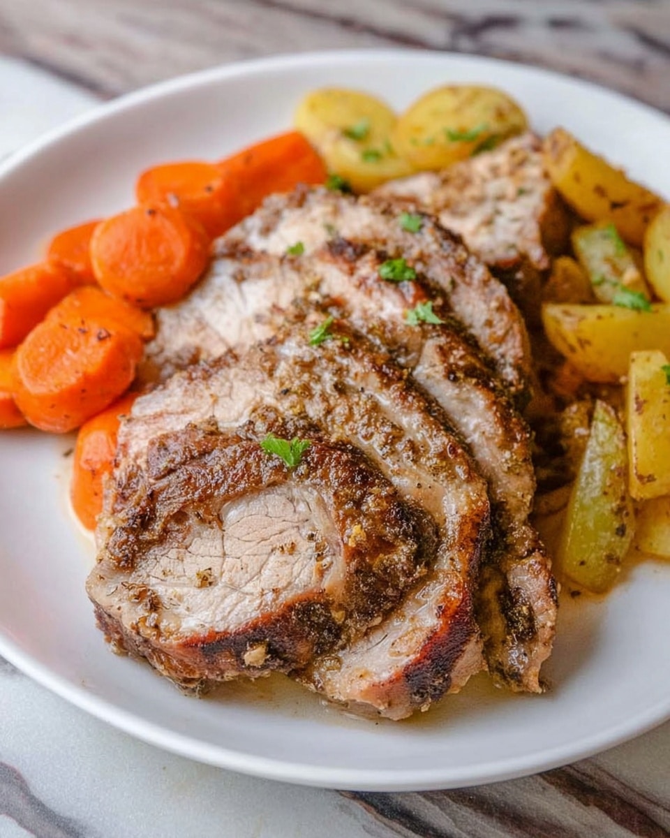 A white plate holds five thick slices of cooked meat with a browned, seasoned outer layer and a light pinkish-white inside, garnished with small green herbs. Next to the meat are cooked orange carrot slices and yellow potato chunks, both seasoned with black pepper and small green herb pieces. The plate is placed on a white marbled surface. photo taken with an iphone --ar 4:5 --v 7