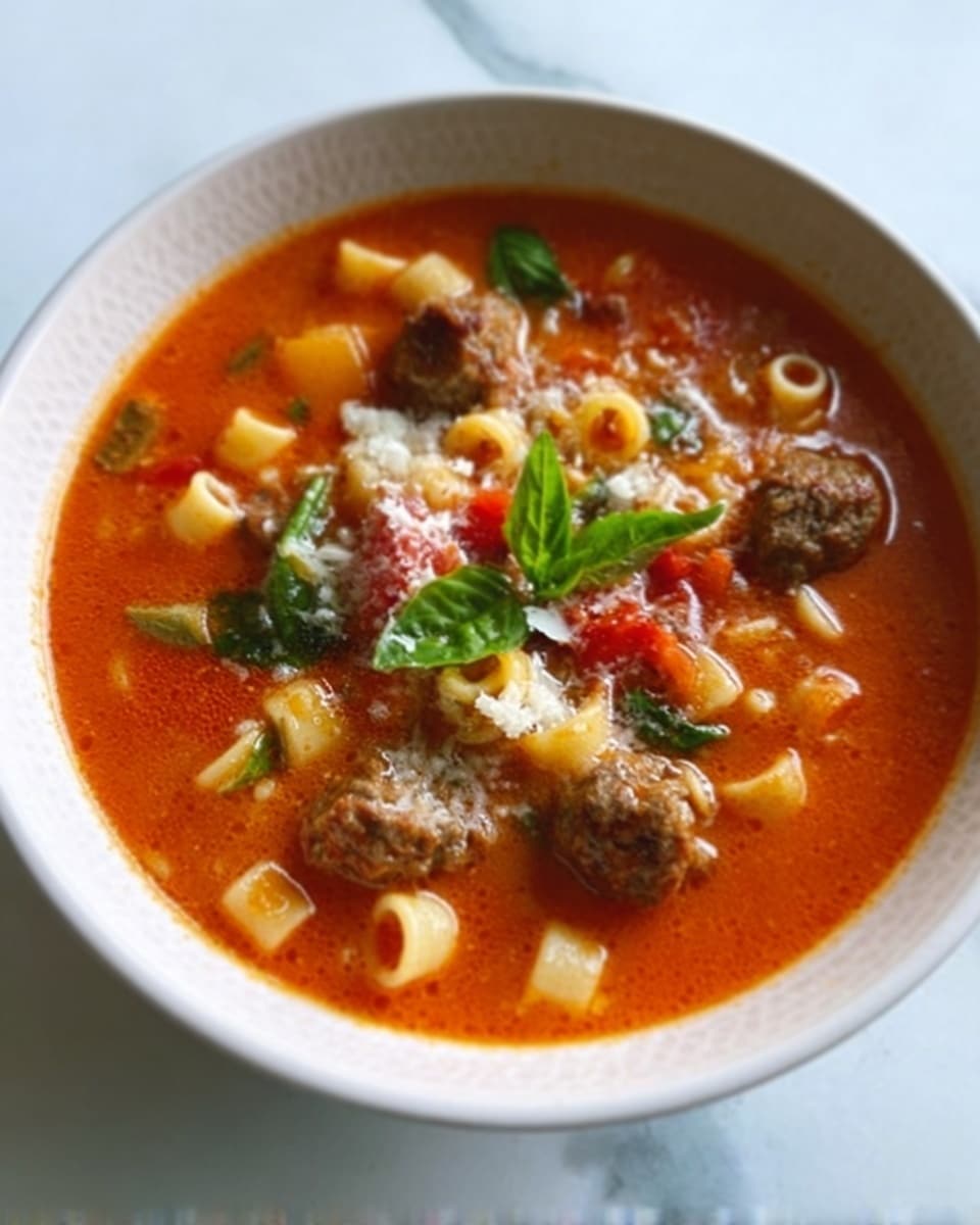 A white bowl filled with a thick orange-red soup. The soup has round meat pieces, small pasta rings, diced light yellow potatoes, and green basil leaves on top. Red tomato pieces and a small amount of white cheese are also scattered over the soup. The bowl is placed on a white marbled surface. photo taken with an iphone --ar 4:5 --v 7