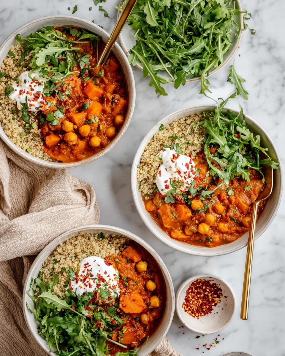A white bowl filled with a thick orange stew made of chickpeas and chunks of yellow vegetable, topped with a dollop of white yogurt sprinkled with red chili flakes and chopped green herbs. Next to the stew, there is a portion of light beige quinoa grain and a pile of fresh green arugula leaves. A gold spoon rests inside the bowl, slightly submerged in the stew. The bowl sits on a white marbled surface with another similar bowl blurred in the background. photo taken with an iphone --ar 4:5 --v 7