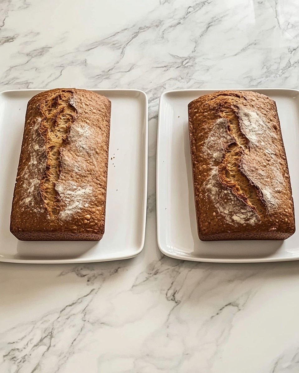 Two rectangular brown loaves of bread with a rough, slightly cracked top crust sit on separate white plates. The bread has a dense texture with small holes visible on the surface. Each loaf is positioned lengthwise in the center of its plate. The plates are placed on a white marbled surface with light gray and dark gray veining. The light in the image reflects softly off the marbled texture. photo taken with an iphone --ar 4:5 --v 6.1