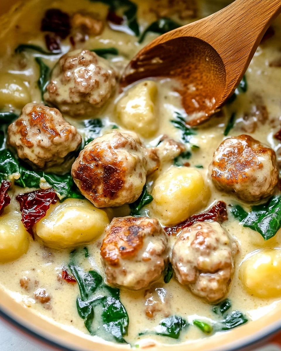 The dish shows a close-up of a light brown pot filled with a creamy sauce base. Inside, there are about nine golden-brown small meatballs with a slightly rough texture. Scattered around are bright yellow potato gnocchi pieces, some dark green spinach leaves, and deep red sun-dried tomato slices. A wooden spoon is partially visible, mixing the ingredients. The dish looks creamy with a mix of soft and textured elements against the inner glaze of the pot. The background is white marbled texture. Photo taken with an iphone --ar 4:5 --v 6.1