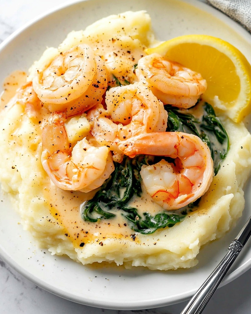 In a metal pan, there is a creamy white sauce with shrimp and green spinach leaves mixed in. The shrimp are orange with some bright red parts, scattered all over the sauce. The spinach leaves are dark green and wilted, floating in the sauce. There are small bits of red pepper flakes and ground black pepper sprinkled on top. A silver spoon is inside the pan, resting in the sauce with shrimp on it. The whole pan sits on a white marbled surface. photo taken with an iphone --ar 4:5 --v 6.1