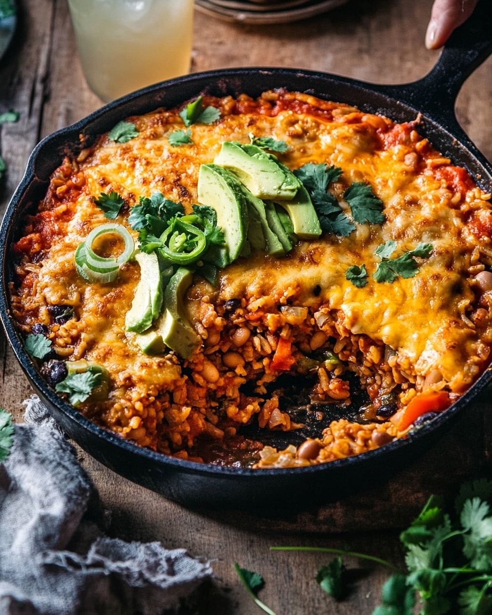 A black cast iron pan filled with a layered baked dish showing a top golden-brown melted cheese layer with some areas more browned and bubbly. Underneath, there is a visible mix of cooked rice, beans, and chunks of red bell pepper, creating a textured look with soft and moist layers. On top, fresh green toppings like sliced avocado, chopped scallions, and cilantro add bright green color and freshness. A woman's hand is scooping out a serving of the dish from the pan, showing the inside layers clearly. The pan sits on a wooden surface with some scattered herbs and a glass of a light-colored drink nearby. photo taken with an iphone --ar 4:5 --v 6.1