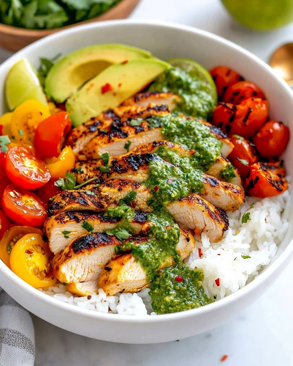 A white bowl filled with a base layer of white fluffy rice, topped with grilled sliced chicken that is golden brown with slight char marks and drizzled with a green sauce. To the left of the chicken, there are bright yellow and orange cooked bell pepper strips mixed with halved red cherry tomatoes. In front, there are slices of avocado with a green sauce on top. The bowl is garnished with fresh green herbs and red chili flakes, and a small wedge of lime sits to the right edge. The bowl sits on a white marbled surface with a silver spoon resting inside. Photo taken with an iphone --ar 4:5 --v 6.1