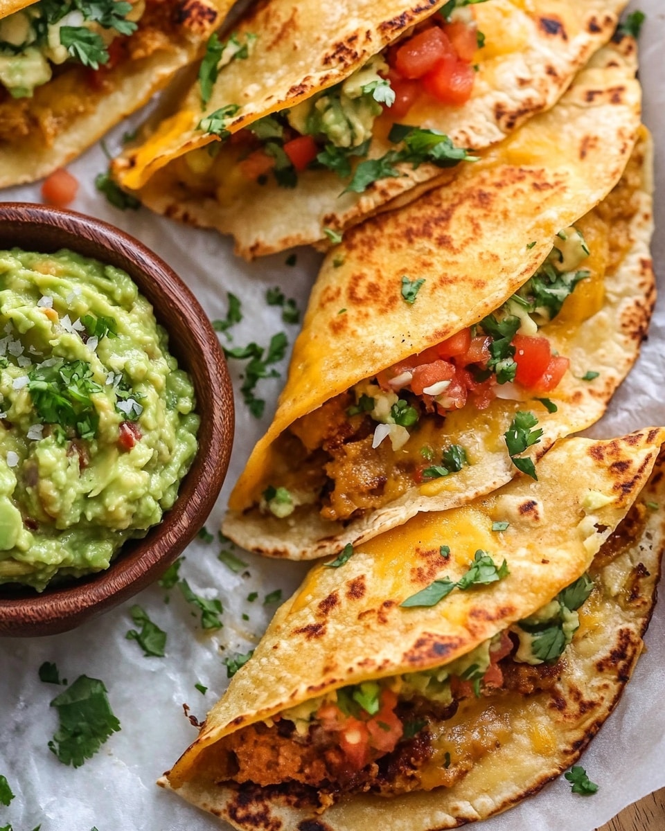 The image shows four golden-brown folded tortillas arranged close together on parchment paper over a white marbled surface. Each tortilla is slightly crispy and has a soft texture with a light sprinkle of coarse salt on top. Inside slightly visible melted yellow cheese and bits of a cooked filling add texture and depth peeking out from the open edges. Each tortilla is topped with a green dollop of guacamole mixed with finely chopped leafy herbs and small bright red tomato pieces scattered across it. To the left side of the tortillas, there is a round wooden bowl filled with creamy green guacamole. The overall scene is colorful and fresh with a warm, inviting look, captured in close-up, photo taken with an iphone --ar 4:5 --v 6.1