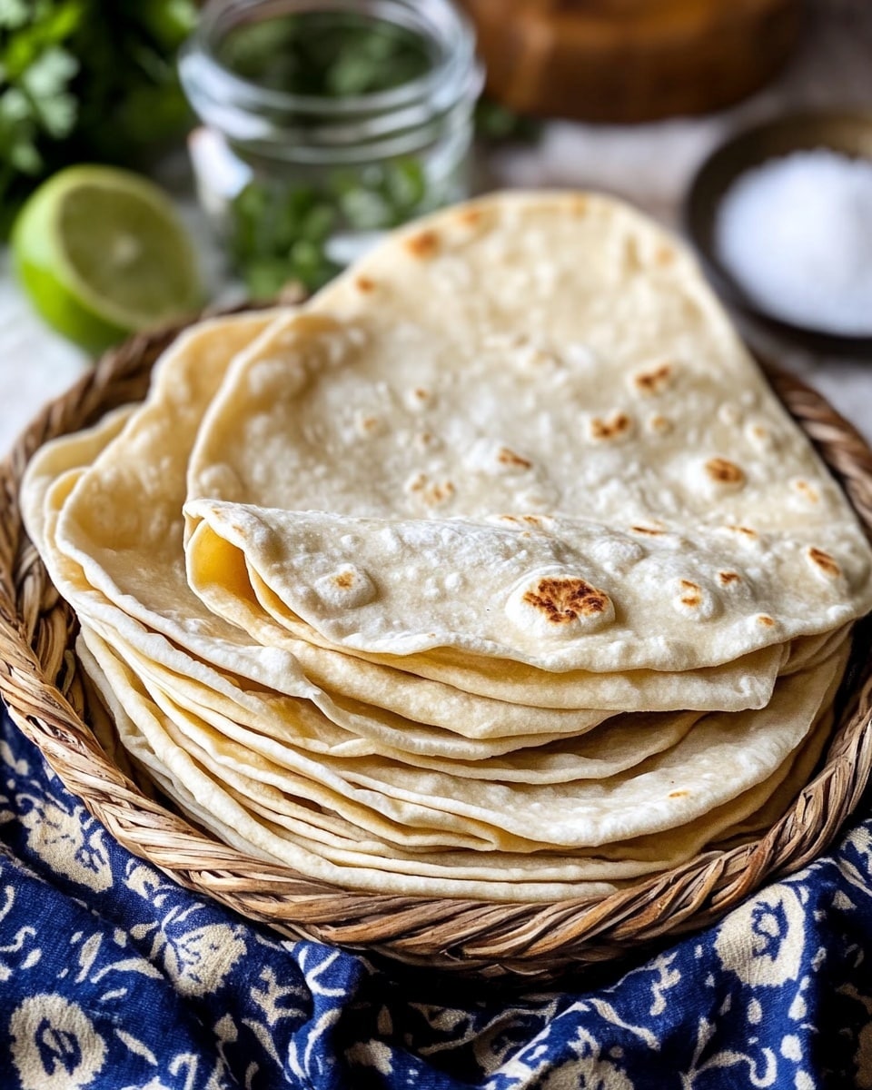 A stack of soft, light beige flatbreads is neatly folded and placed inside a woven basket lined with a dark blue and beige patterned cloth. The flatbreads show gentle folds and a slightly uneven texture that suggests they are freshly made. In front of the basket, there is a clear glass jar filled with coarse white salt. The background shows a wooden surface and blurred green herbs with lime slices on the upper left, all set on a white marbled texture. The image is warm and inviting, captured with soft natural light. photo taken with an iphone --ar 4:5 --v 6.1