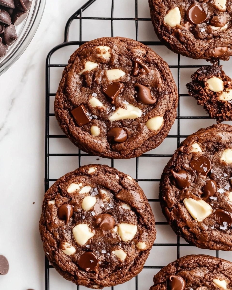 The image shows six round chocolate cookies arranged on a black wire rack over a white marbled surface. Each cookie is thick with a rough textured chocolate base, dotted with dark chocolate chips and chunks of white nuts scattered on the surface. The cookies look soft with some melted white bits visible inside, creating a contrast with the dark brown dough. The edges of the cookies are slightly cracked, giving them a homemade feel. The top-left corner shows a small part of a clear bowl filled with more chocolate chips. The photo taken with an iphone --ar 4:5 --v 6.1