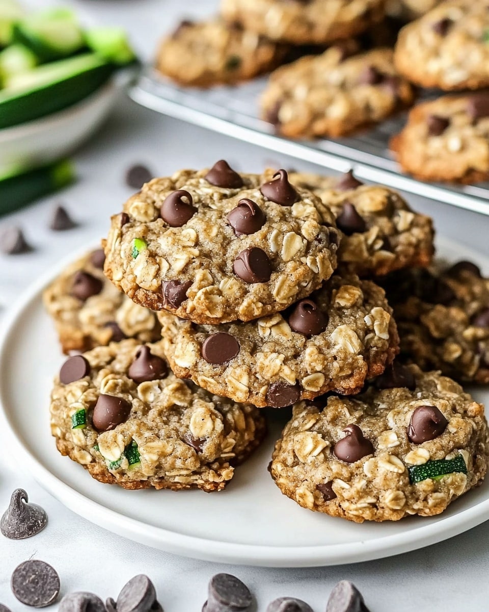A white plate holds a stack of about eight oatmeal cookies with chocolate chips and bits of green zucchini visible in the dough. Each cookie is round and slightly thick with a rough, textured surface made of oats and chocolate chips scattered unevenly on top and inside. The plate sits on a white marbled surface with a few chocolate chips scattered around. In the background, more cookies rest on a wire cooling rack, and fresh zucchini pieces add a splash of green color to the scene. A bowl filled with chocolate chips is at the bottom left corner. photo taken with an iphone --ar 4:5 --v 6.1