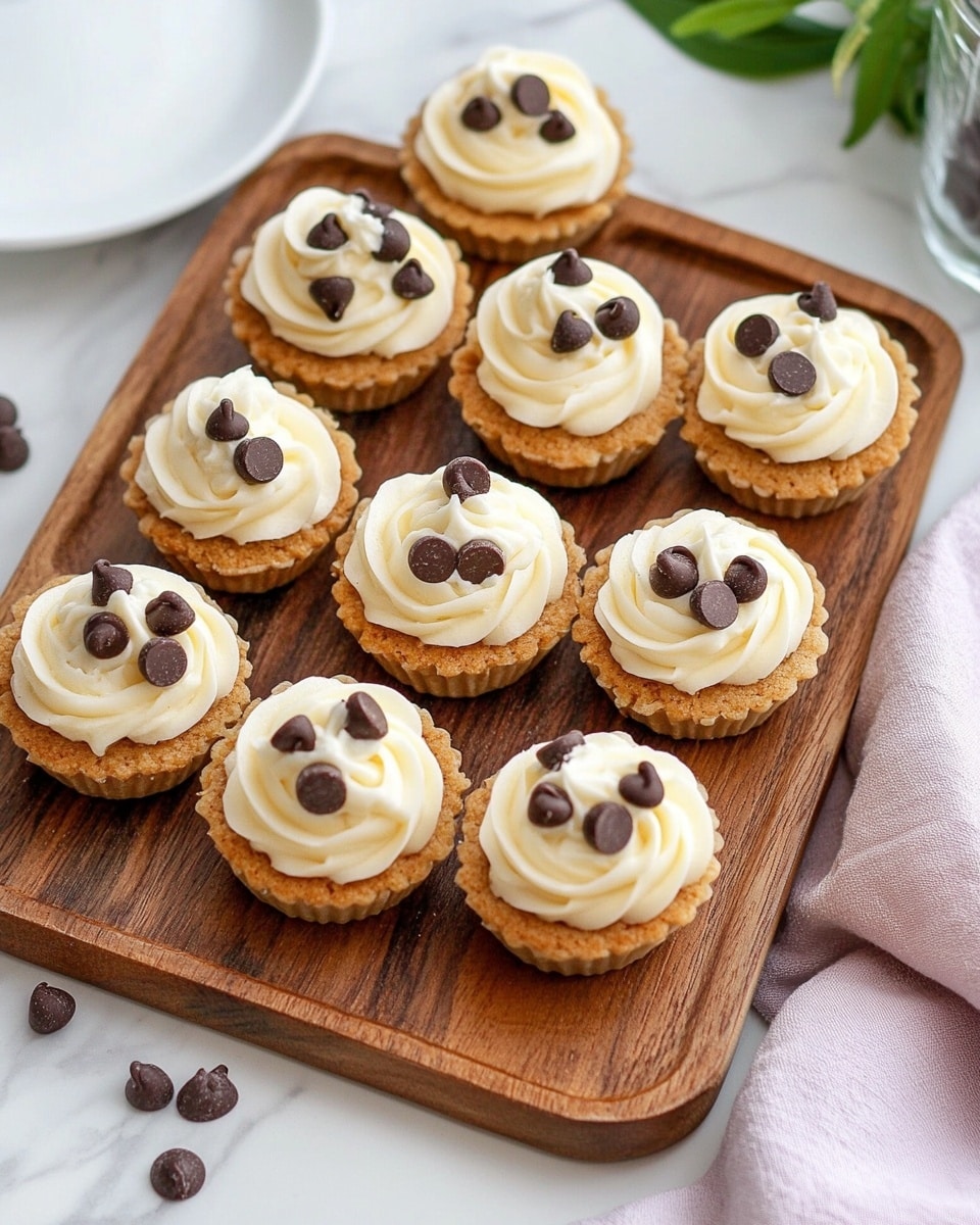 The image shows a close-up of small cookie cups arranged on a wooden tray. Each cookie cup has two layers: a golden brown cookie base with visible chocolate chips inside and a creamy white swirl of frosting on top. The frosting is decorated with scattered dark brown chocolate chips. The tray holds multiple cookie cups lined up in the background on a white marbled surface, with a soft focus making the front cookie cup the main focus. Photo taken with an iphone --ar 4:5 --v 6.1