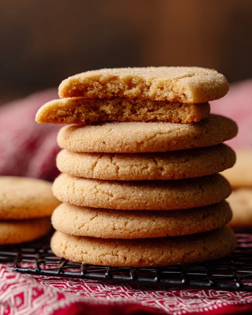 A close-up of six golden brown round cookies stacked on top of each other on a black wire cooling rack. The top cookie is broken in half, showing a soft and crumbly texture inside. The cookies have a slightly cracked surface with a subtle sugar coating. The background is blurred with warm brown tones, and a red and white cloth with a geometric pattern is placed under the cooling rack. The surface beneath the cloth looks like white marble. photo taken with an iphone --ar 4:5 --v 7