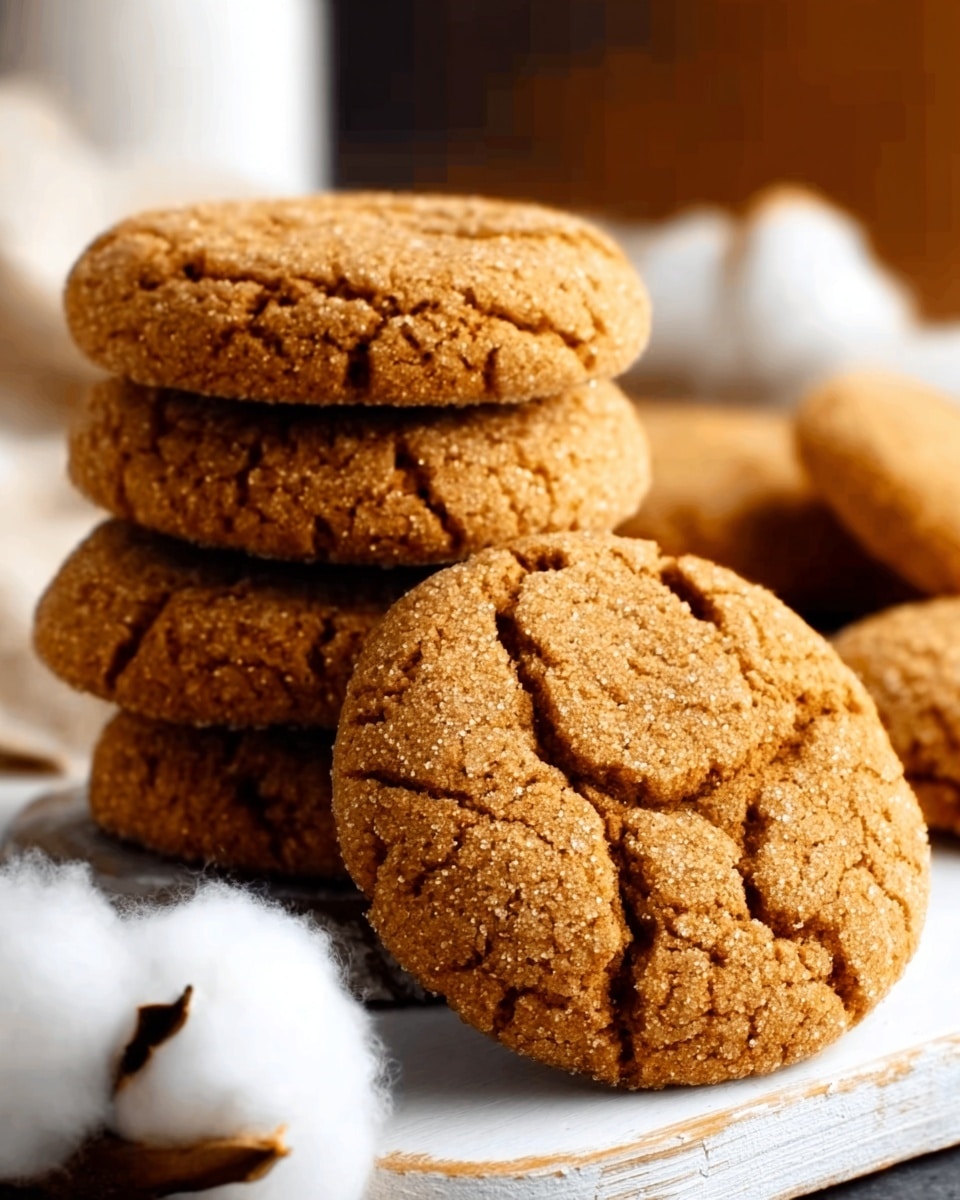 The image shows several round cookies with a cracked texture on top. The cookies are a warm golden brown color, stacked on a white wooden board that sits on a white marbled surface. In the foreground, there is a close-up of one cookie leaning against the stack, showing its rough texture and slightly uneven shape. Soft, white cotton balls are placed near the cookies, adding a cozy touch. The background is softly blurred with warm tones. photo taken with an iphone --ar 4:5 --v 7