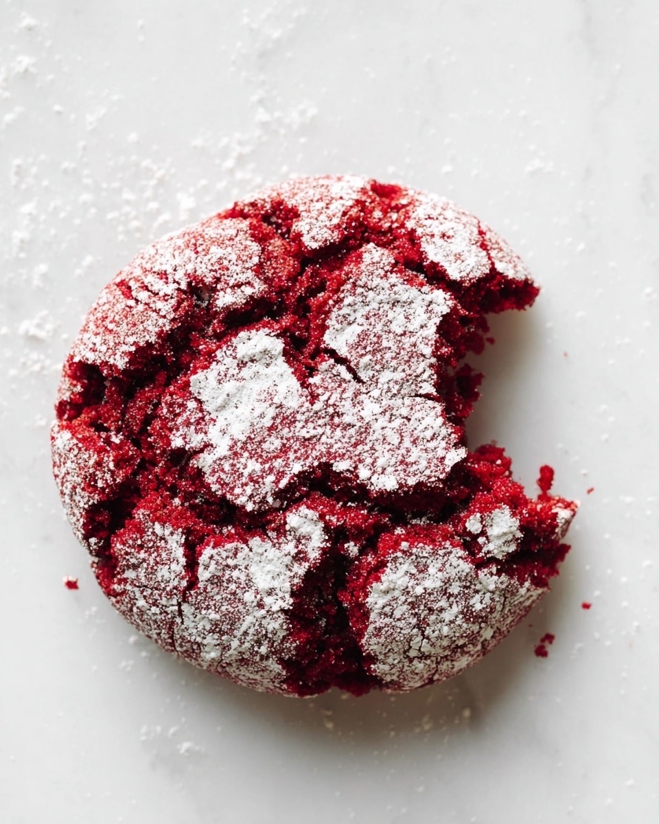 A single red cookie with a cracked surface covered in white powdered sugar is shown from above on a white marbled background. The cookie has rough, uneven edges and a bite taken from one side, revealing its dense, moist inside. The powdered sugar dusting creates a contrast with the deep red color of the cookie, highlighting its textured surface. photo taken with an iphone --ar 4:5 --v 7