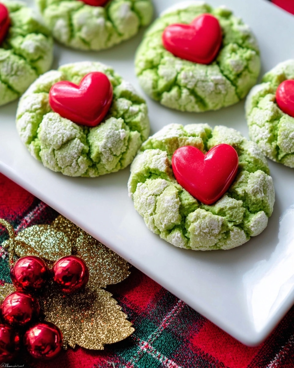 The image shows several green crinkled cookies with a white powdery surface, each topped with a bright red heart-shaped candy placed in the center. The cookies are arranged on a white rectangular plate, which sits on a red and green plaid cloth with a festive Christmas ornament near the bottom left corner featuring glittery gold leaves and red shiny berries. The texture of the cookies looks soft and cracked, with the red heart candies smooth and glossy on top. The photo taken with an iphone --ar 4:5 --v 7