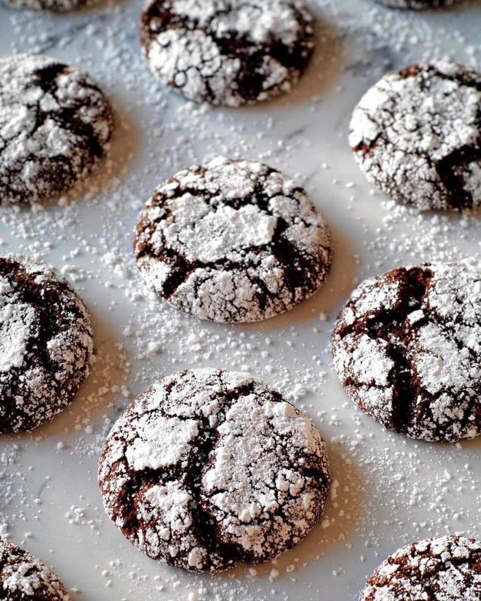 There are multiple round chocolate cookies spread out on a white marbled surface. Each cookie has a dark brown base covered with a layer of white powdered sugar cracked unevenly across the top, giving a rough texture and a snowy look. The cookies vary slightly in size but are generally thick and soft-looking, with some powdered sugar falling onto the surface around them. Photo taken with an iphone --ar 4:5 --v 7