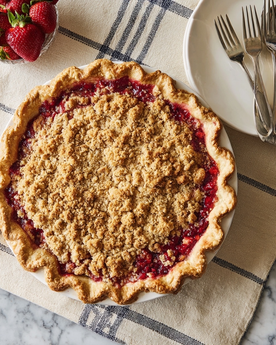 The image shows a round pie with a golden-brown flaky crust that has a wavy edge. Inside the crust, there is a thick layer of bright red fruit filling, slightly bubbling at the edges. On top of the filling, there is a crumbly, textured layer of streusel made of oats and brown sugar, which looks crunchy and uneven. The pie is placed on a white plate set on a white marbled texture surface, with a beige and navy striped cloth underneath. Nearby, a white plate and silver forks rest on a folded beige napkin. To the side, there is a small container with fresh, red strawberries. The photo taken with an iphone --ar 4:5 --v 7