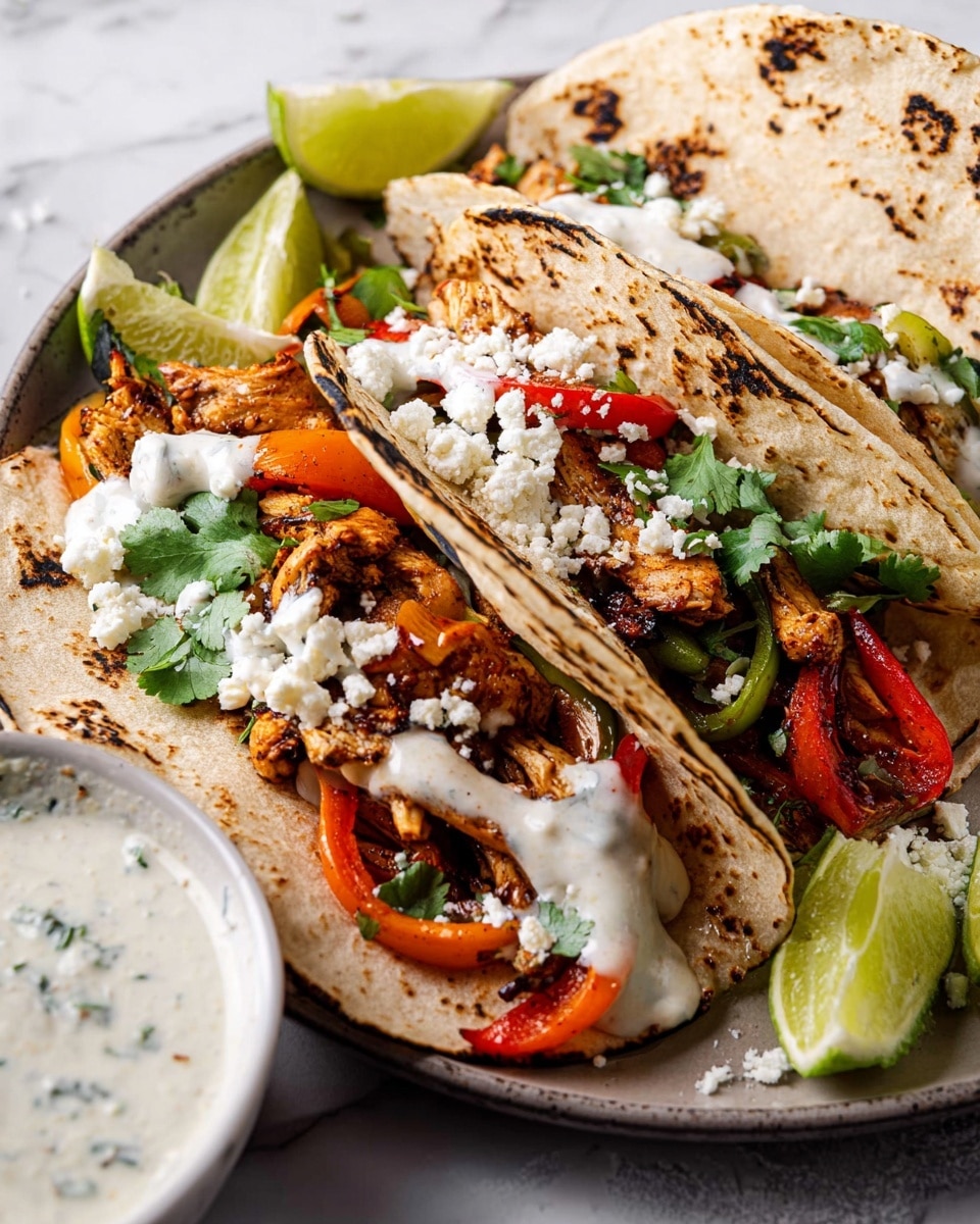 Two charred white tortillas are filled with three layers: first, a base of cooked orange and red strips of peppers and browned pieces of seasoned chicken, then a creamy white sauce drizzled over, topped with fresh green cilantro leaves and small white crumbled cheese sprinkled on top. The tacos rest on a white plate with char marks on the tortillas. On the side of the plate, lime wedges are placed, and in the foreground, there is a small white bowl filled with more creamy white sauce with herbs. The background is a white marbled texture. Photo taken with an iphone --ar 4:5 --v 7